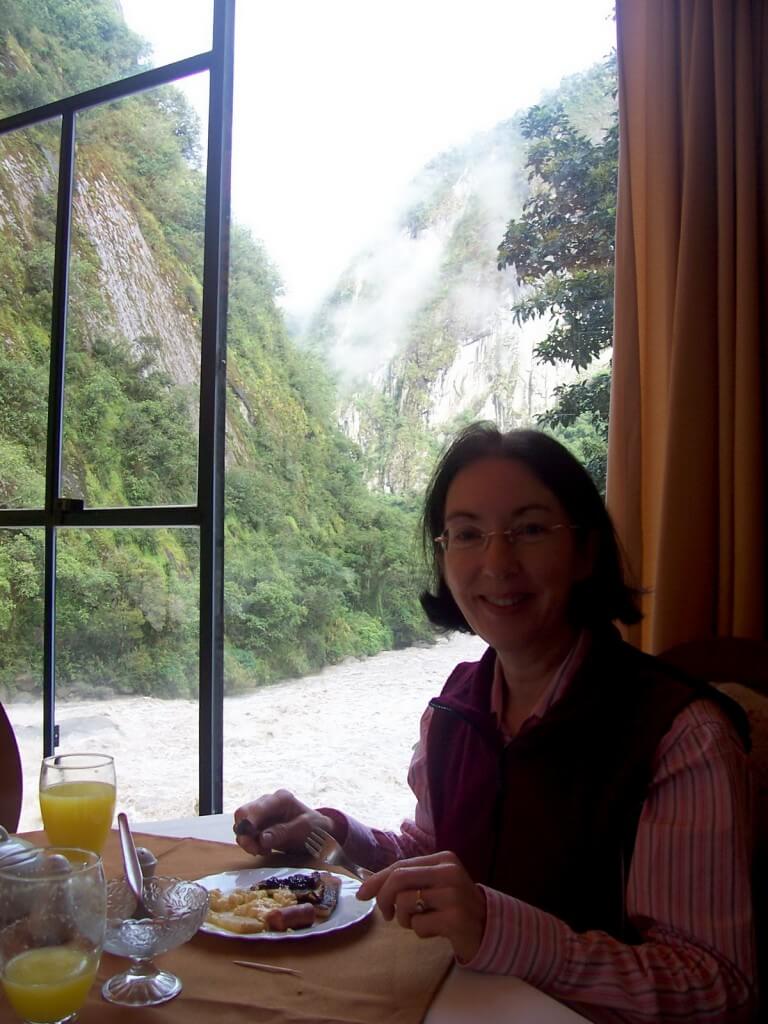 Jean at breakfast, Aguas Calientes, Peru