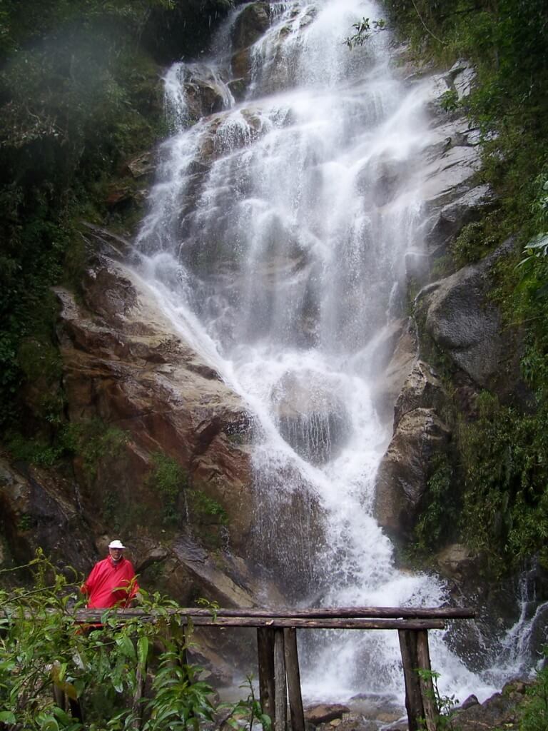 Bob at the waterfalls near the Wiñay Wayna ruins on the Inca Trail in Peru, South America