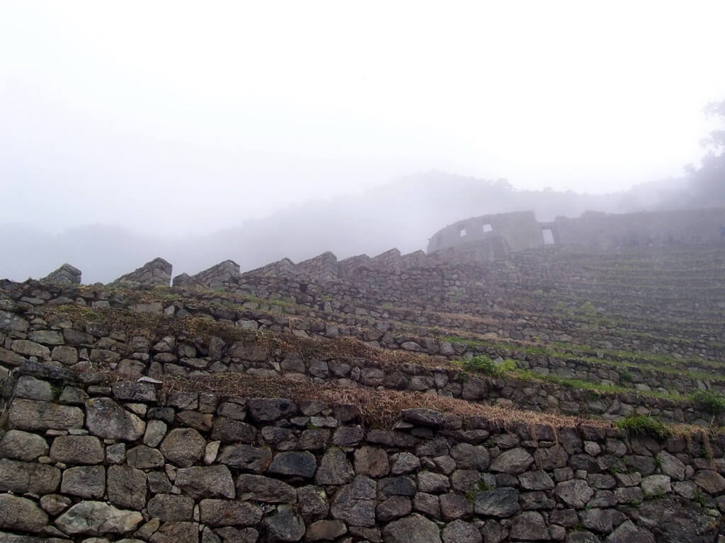 Rock terraces at the Wiñay Wayna ruins on the Inca Trail in Peru, South America