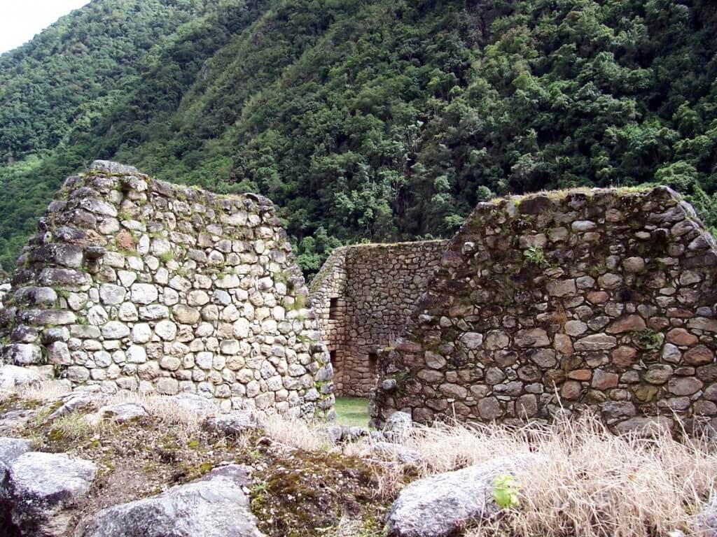 Stone walls at the Inca ruins at Chachabamba in Peru, South America