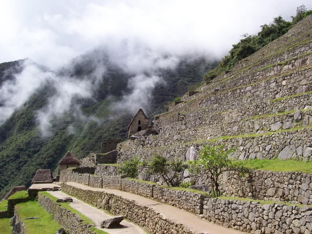 An image of the agricultural zone and stone buildings at Machu Picchu in Urubamba Province, Peru.