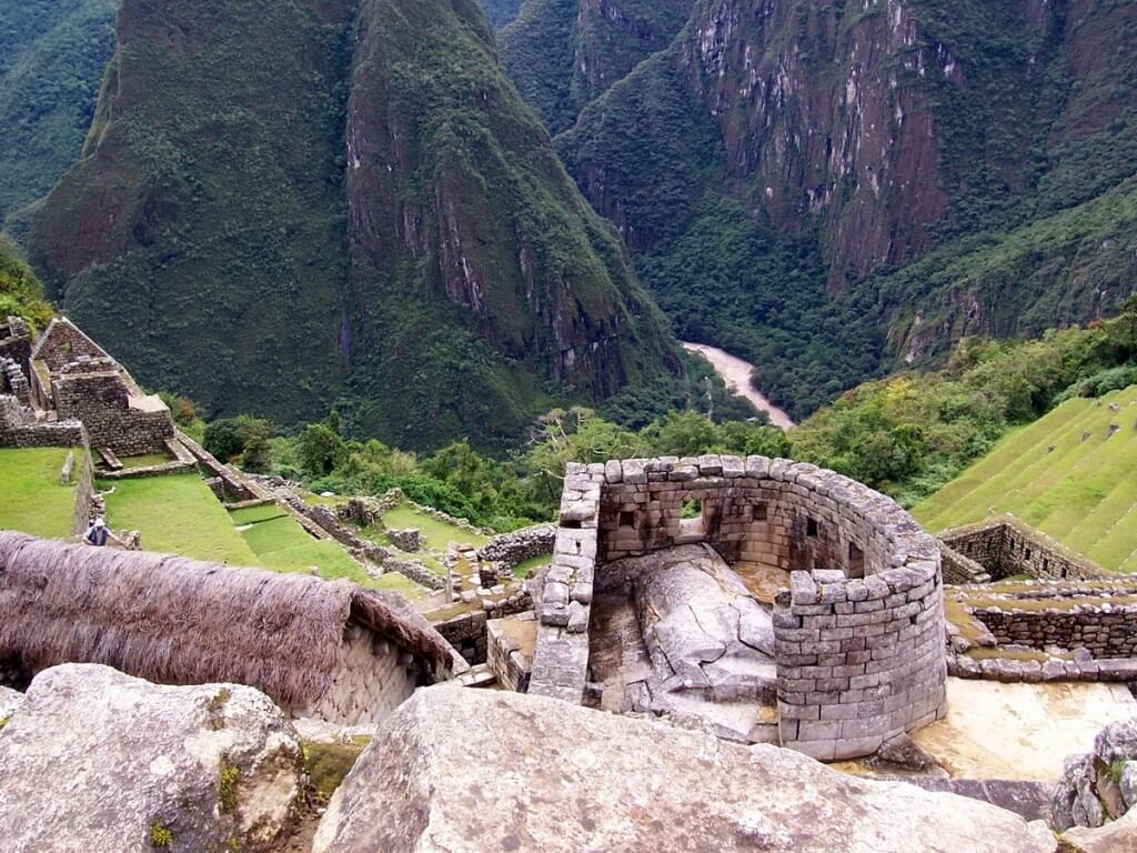 An image from above of the Tower of the Sun at Machu Picchu in Urubamba Province, Peru.