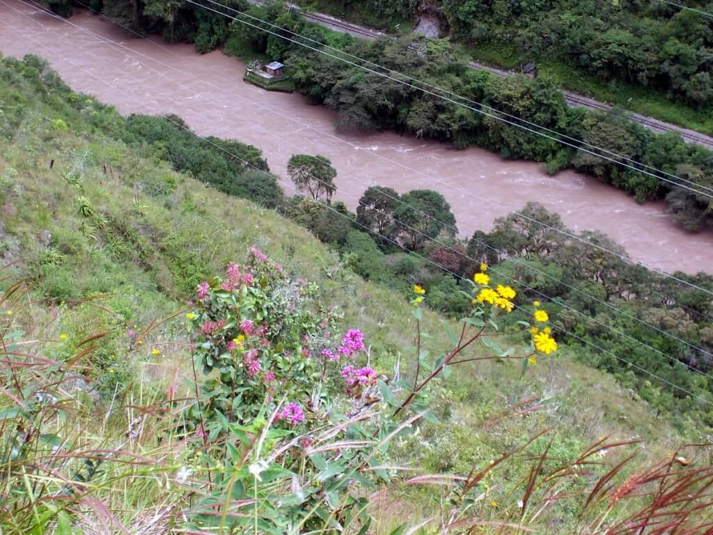 View of the Urubamba River in valley below, Peru, South America