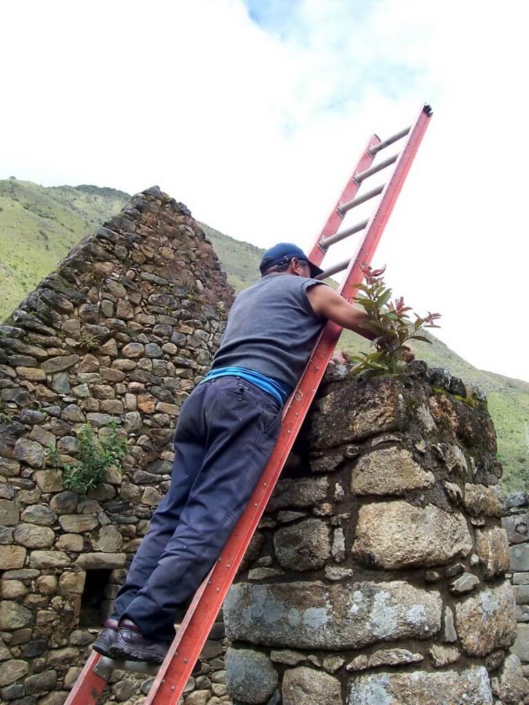 Worker repairs the top of a stone wall at the Inca ruins of Chachabamba in Peru, South America