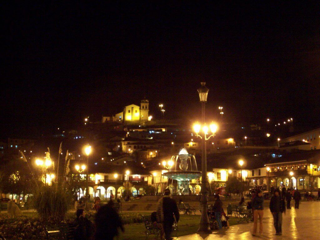 plaza de armas, main square at night, cusco, peru