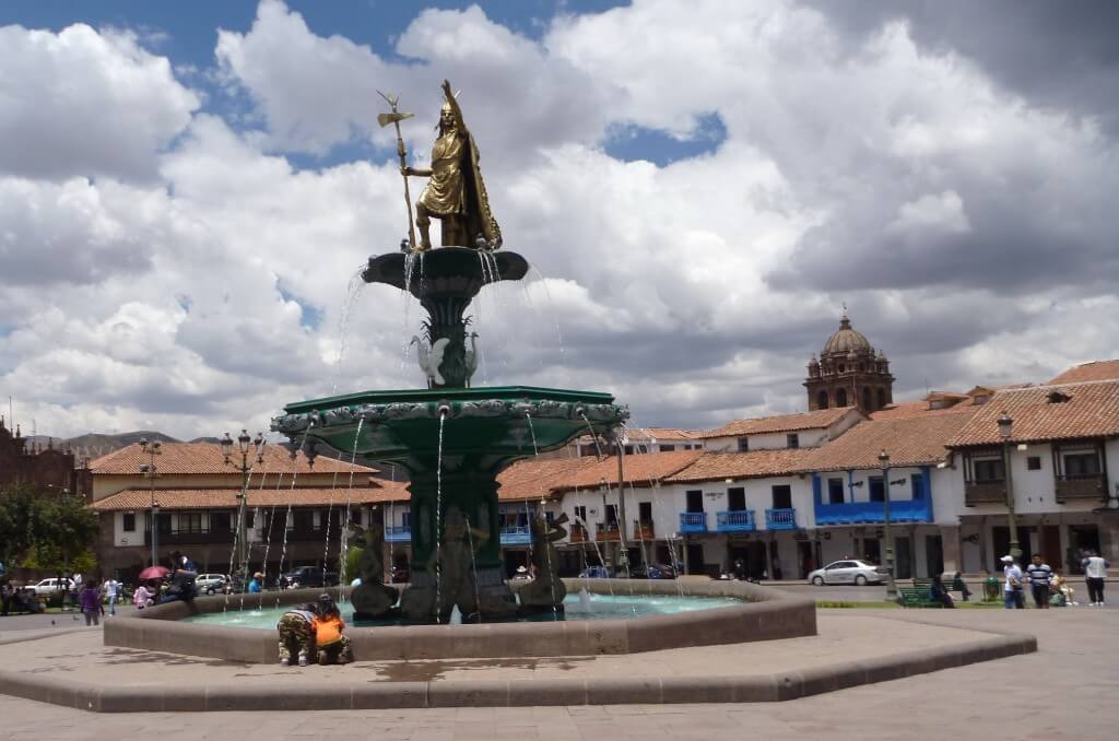 main plaza, plaza de armas, cusco, with water fountain