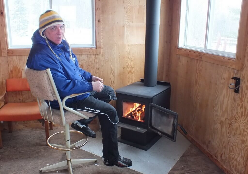 Bob, inside Pinetree shelter, leaf lake ski trail, Algonquin Provincial Park, Ontario, Canada