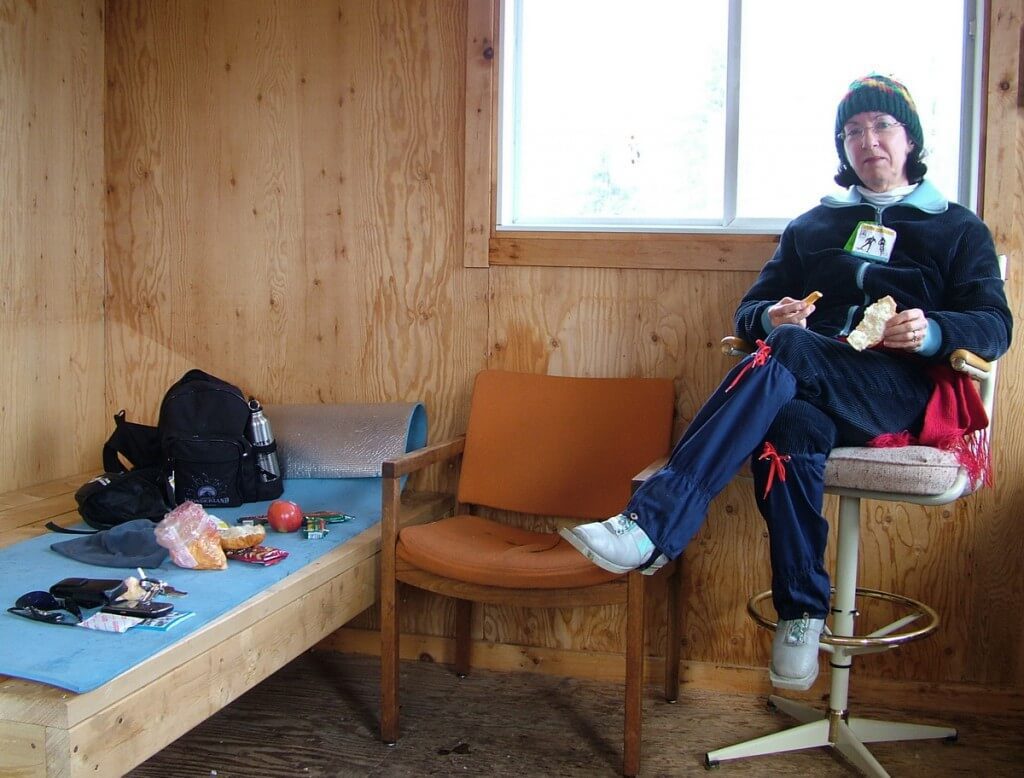 Jean at the Pinetree shelter, leaf lake ski trail, Algonquin Provincial Park, Ontario, Canada