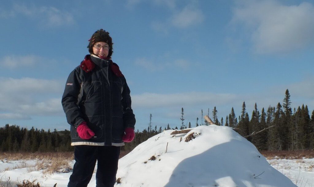 Jean beside beaver lodge in Spruce bog - Algonquin Park