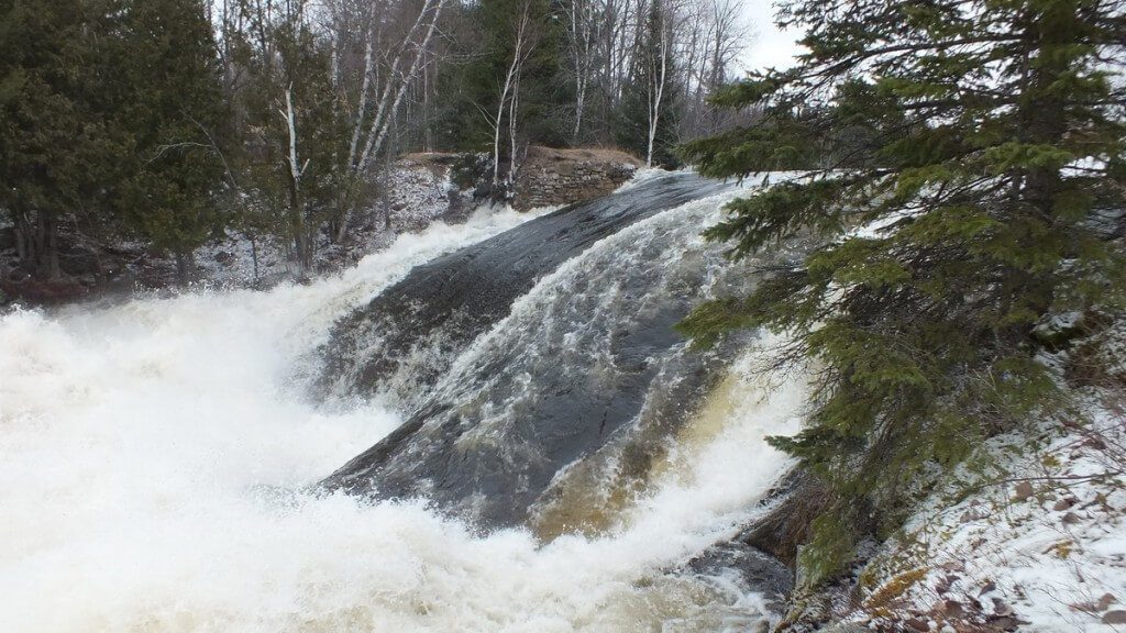Marsh's Falls flooding - gushing white water - Oxtongue river - April 20 2013