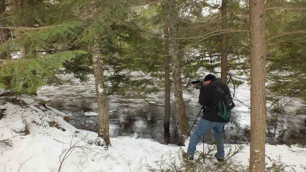 Ragged Falls - Bob films river above falls - Oxtongue River - Ontario - April 20 2013