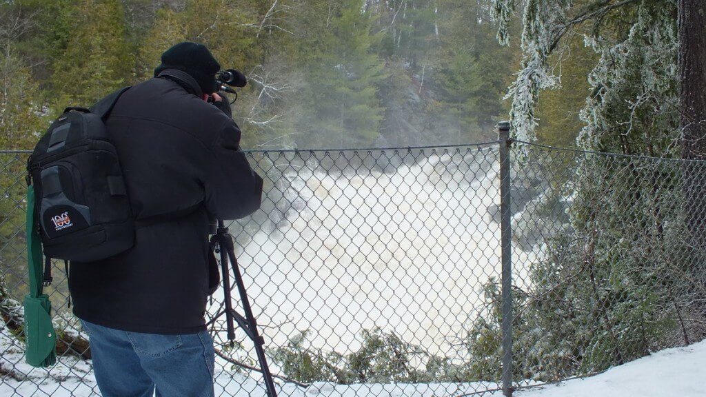 Ragged Falls - Bob films the falls - Oxtongue River - Ontario - April 20 2013
