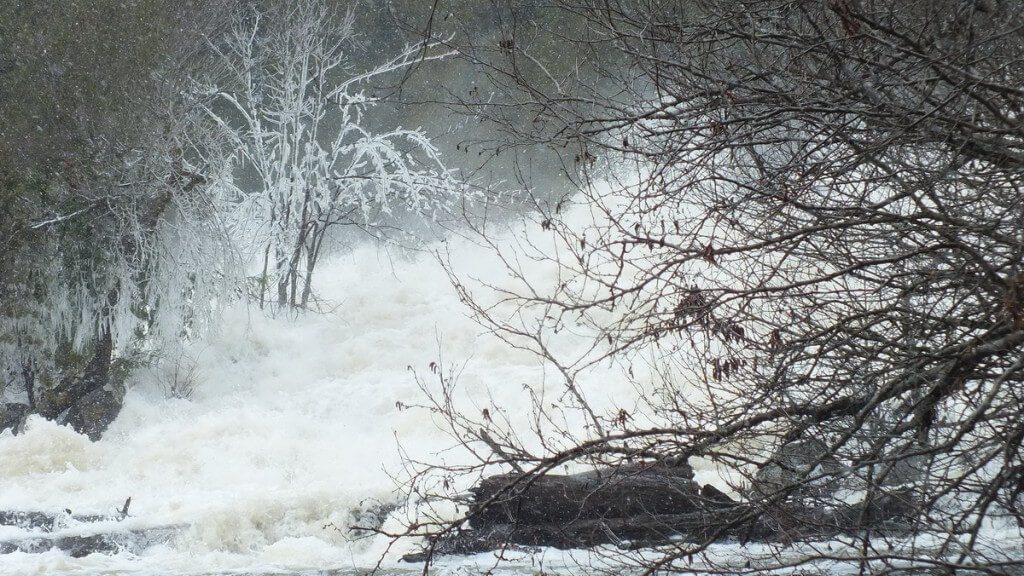Ragged Falls - ice and white foam at bottom - Oxtongue River - Ontario - April 20 2013