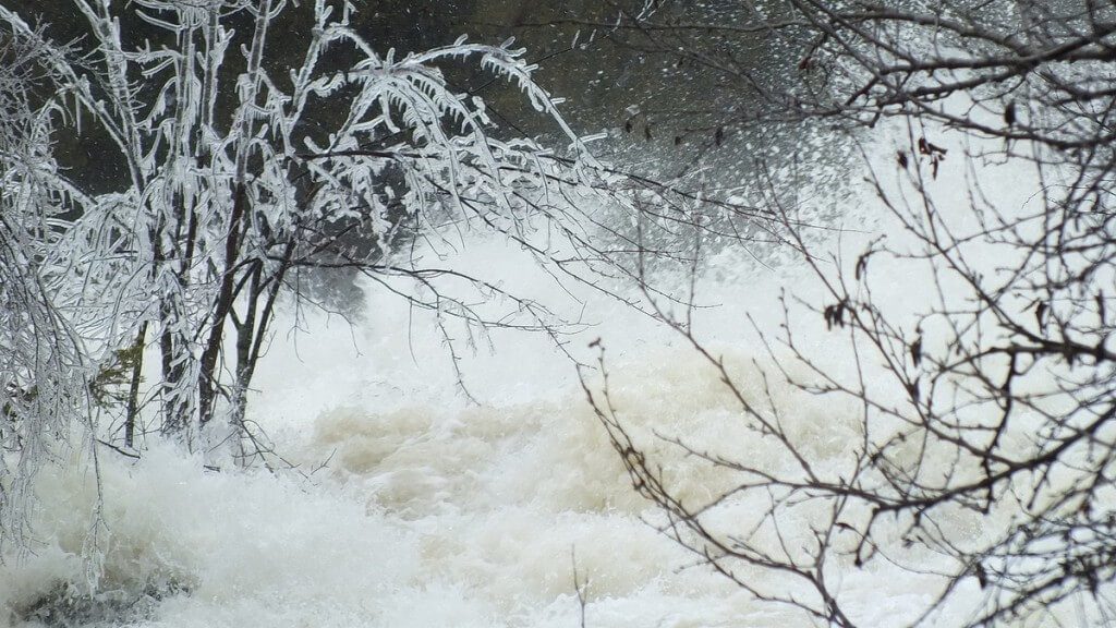 Ragged Falls - ice and white foaming water - Oxtongue River - Ontario - April 20 2013
