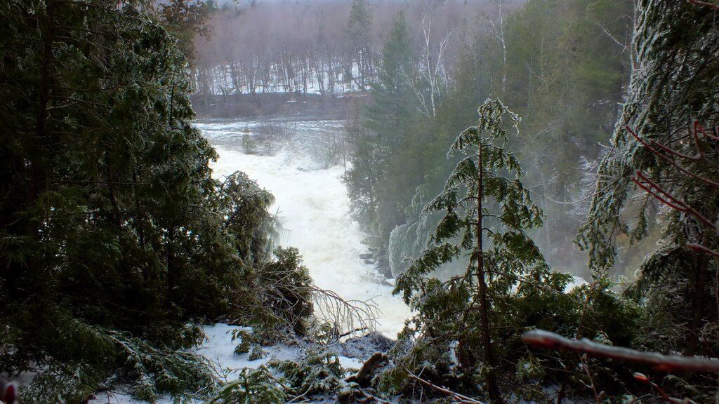 Ragged Falls - looking down to flooded valley - Oxtongue River - Ontario - April 20 2013