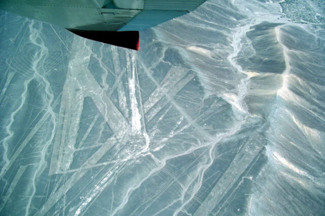 Aerial view from an aircraft of line drawings at the Nazca Lines of Peru, South America