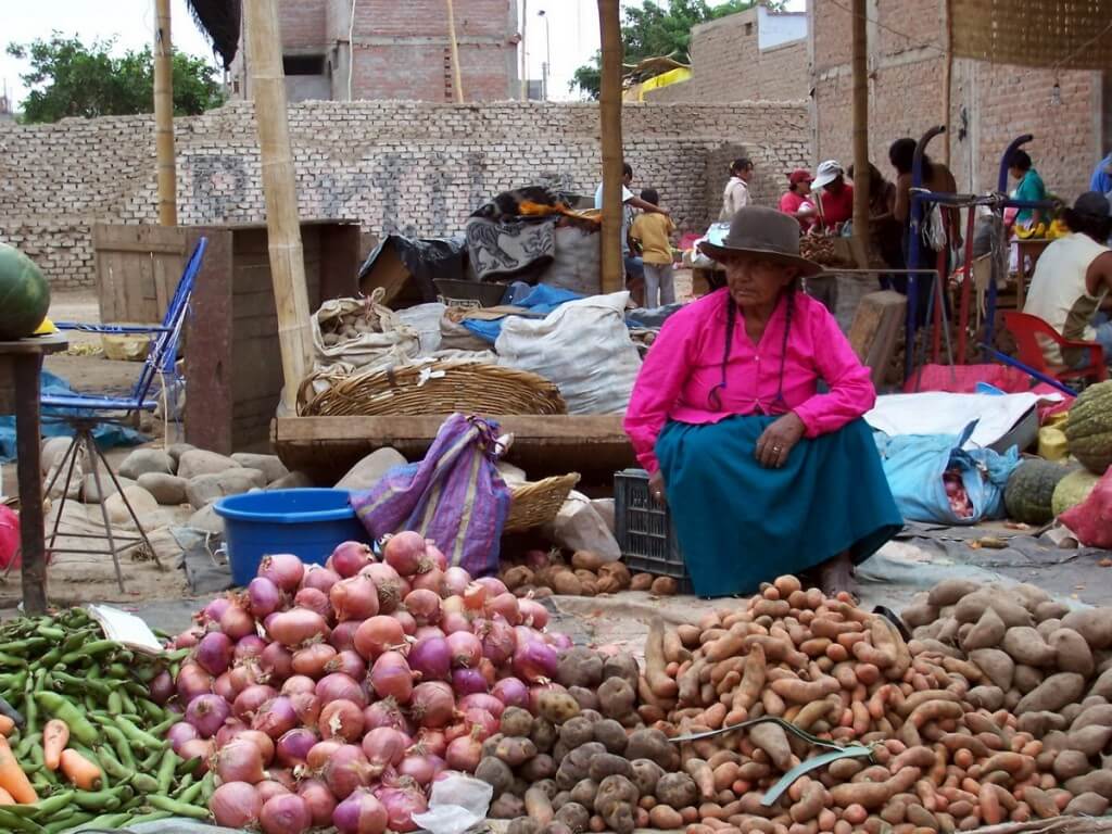 Woman selling onions and potatoes in the street market in Nazca, Peru, South America