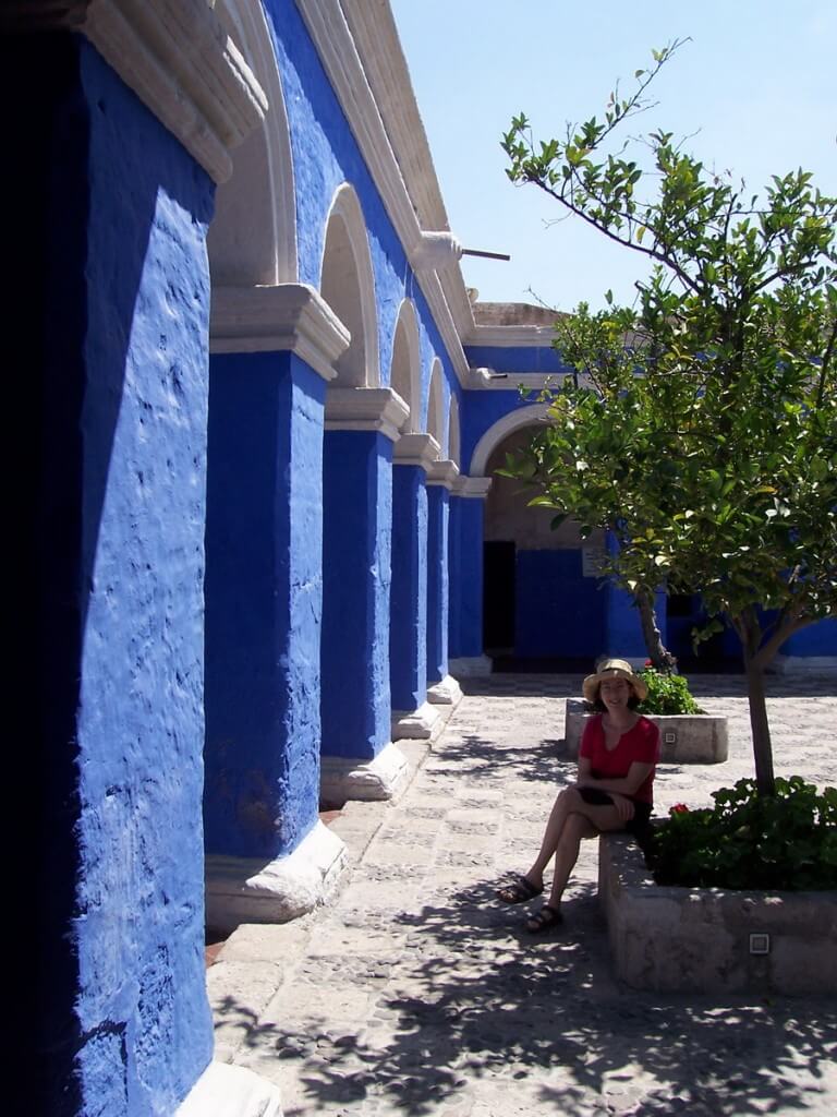 Jean sits in the Silence Patio, Santa Catalina Convent, Arequipa, Peru