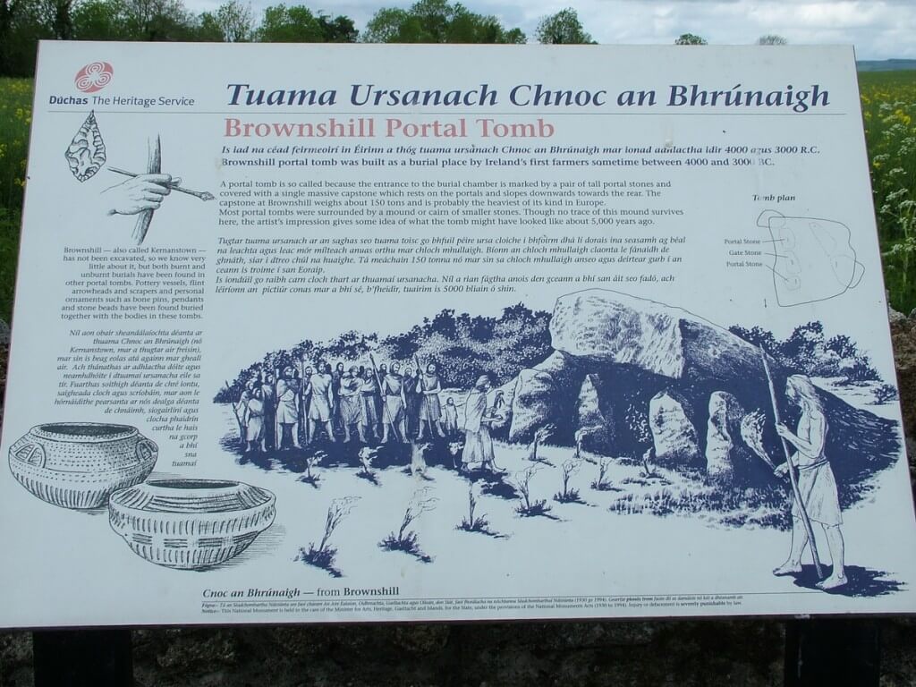 An image of the historical information sign at the Brownshill Portal Tomb in County Carlow, Ireland. Photography by Frame To Frame - Bob and Jean.