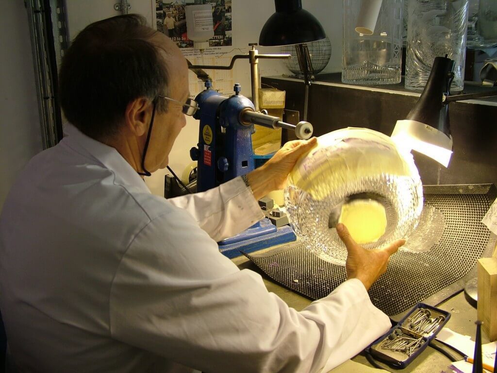 An image of the Toronto Indy trophy being carved by hand at the Waterford Crystal factory in Waterford, Ireland