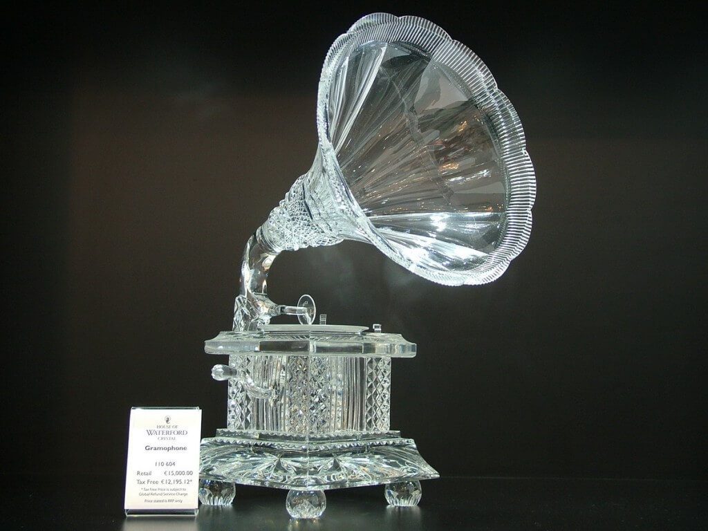 An image of a crystal gramophone at House of Waterford Crystal in Waterford, Ireland. Photography by Frame To Frame - Bob and Jean.
