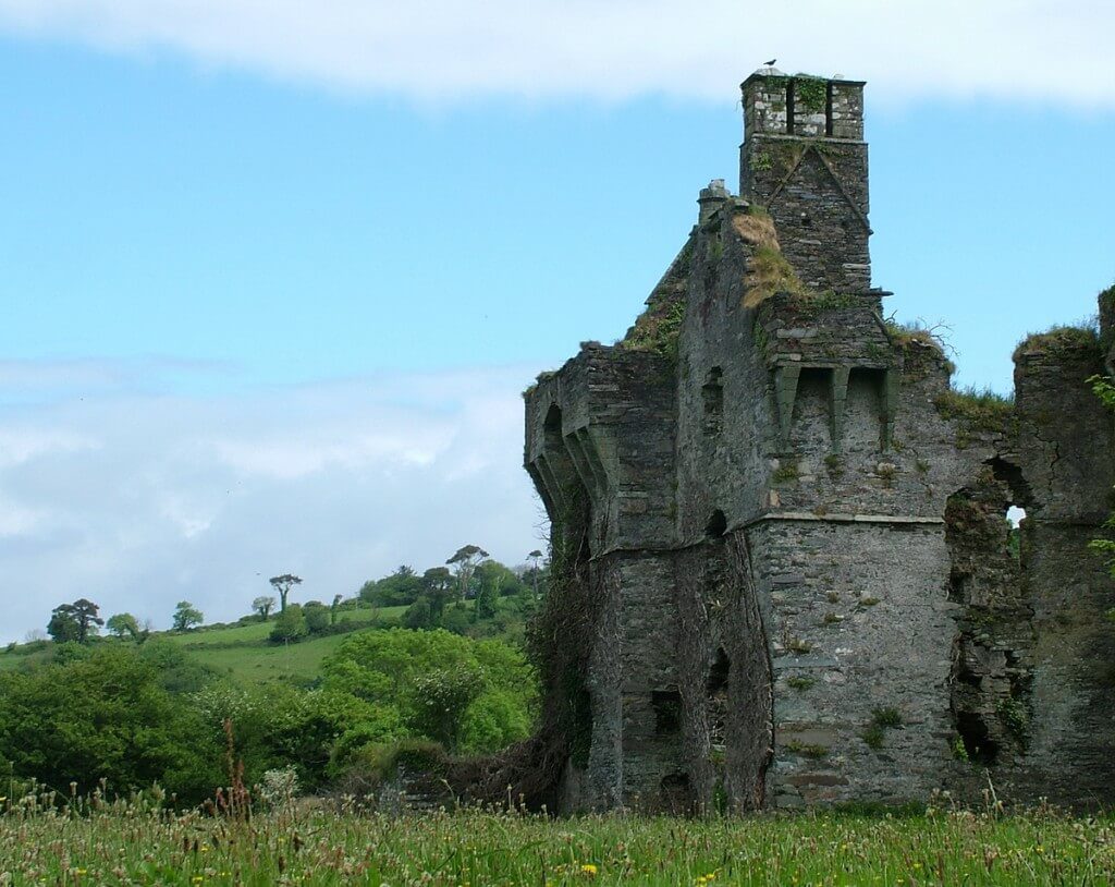 Coppinger's Court ruins, hills beyond castle walls, county cork, Ireland