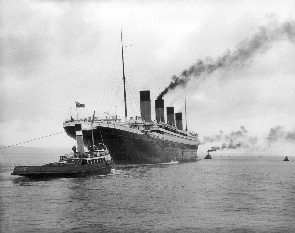 RMS Titanic leaving Belfast harbour in 1912