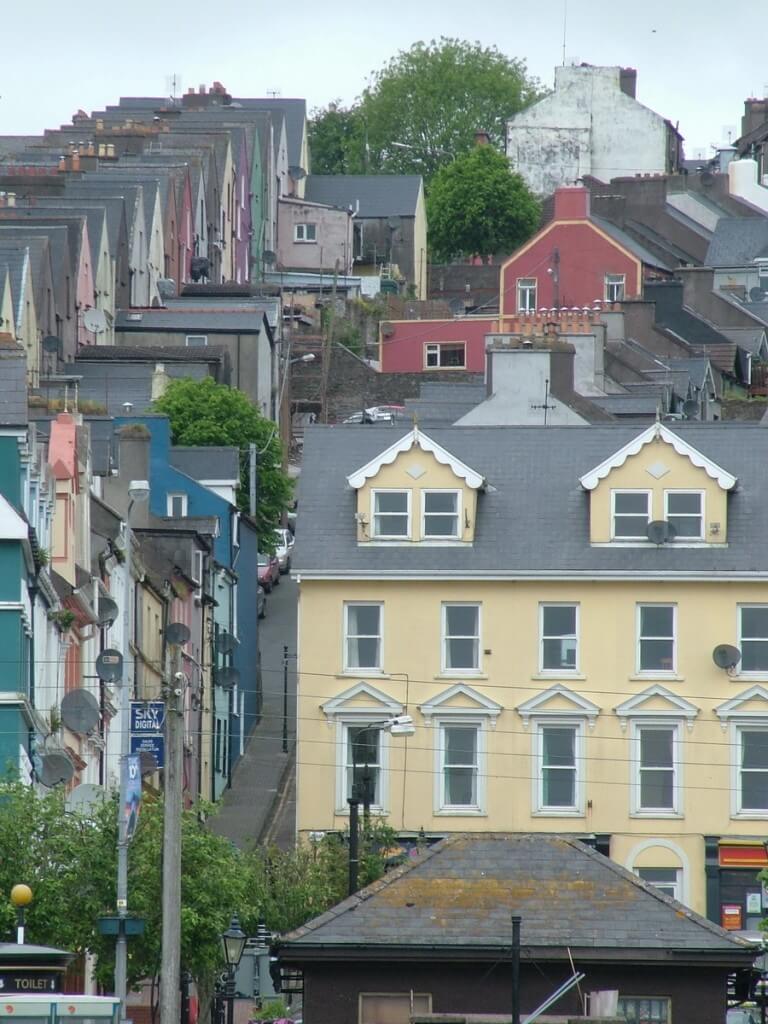 row houses in cobh town, view from harbour, titanic experience, county cork, ireland