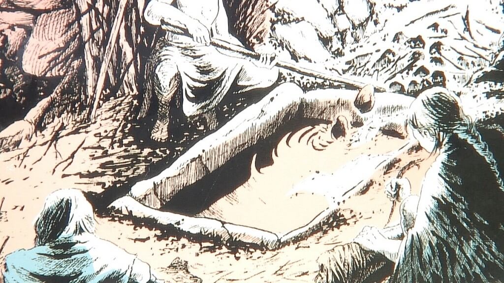An image of a drawing of the ancient Fulacht Fiadh cooking site in use back in history, near the Drombeg Stone Circle in County Cork, Ireland.