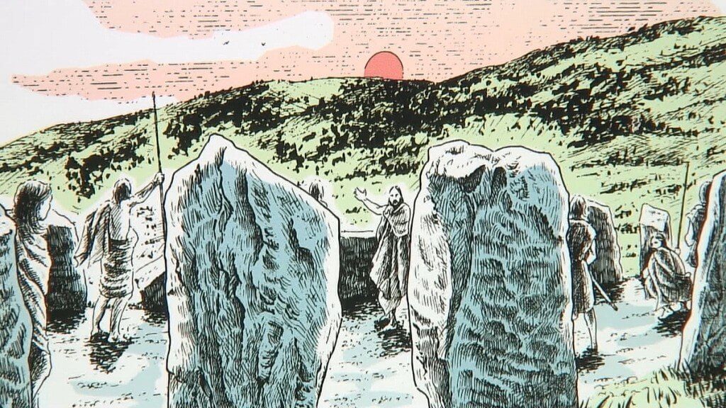  An image of a drawing of Iron Age people at the Drombeg Stone Circle near Glandore in County Cork in Ireland. Photography by Frame To Frame - Bob and Jean.