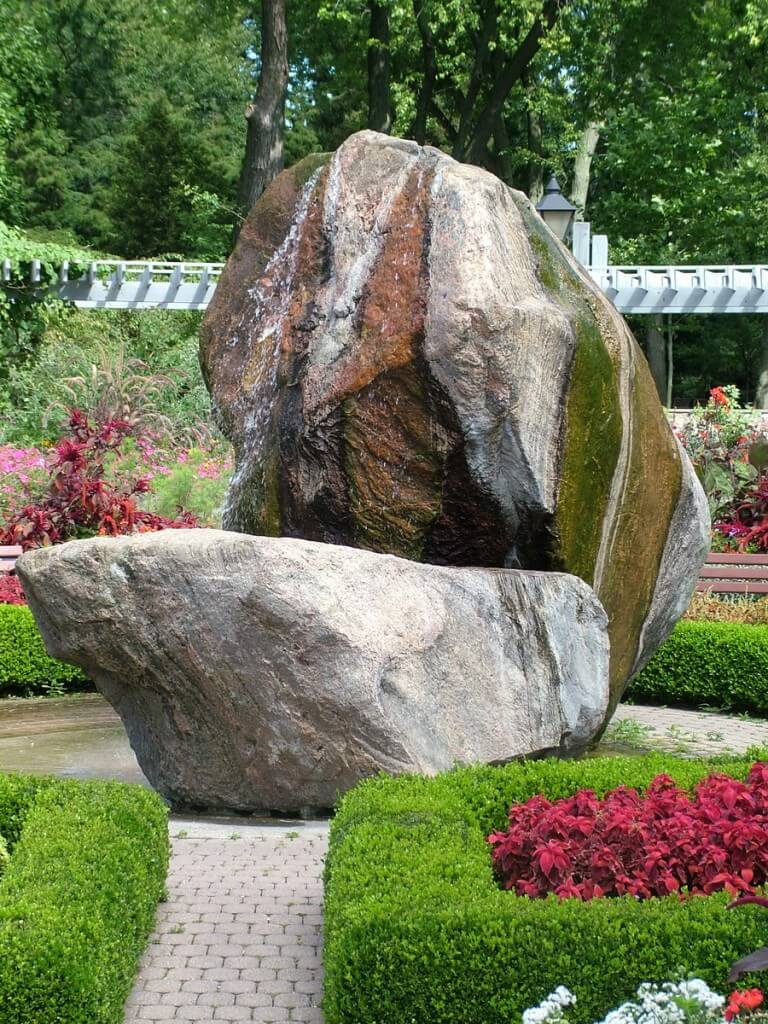 rosetta mcclain gardens, large rock in fountain at formal gardens area, toronto