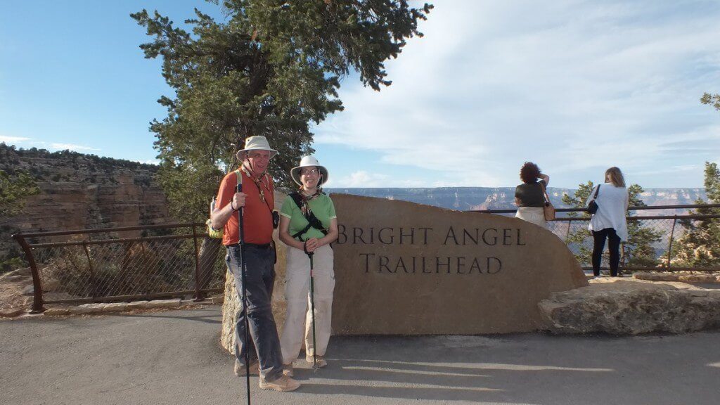 jean and bob back at top of bright angel trail after hiking to the the bottom.