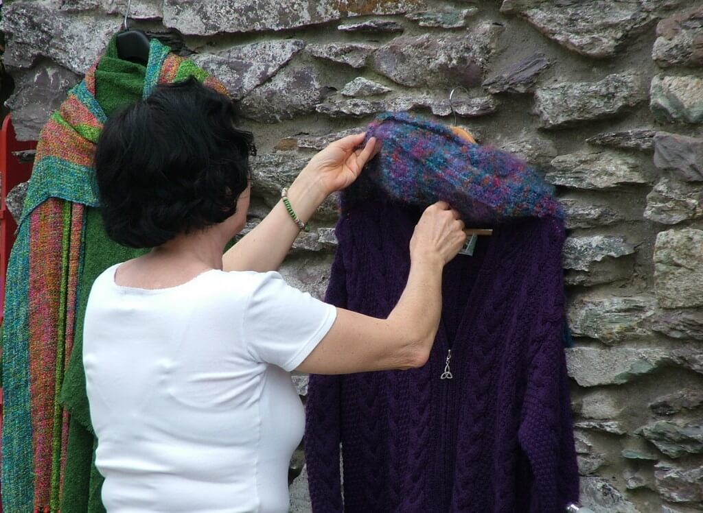 jean checks out the wool knitting, ireland 15b