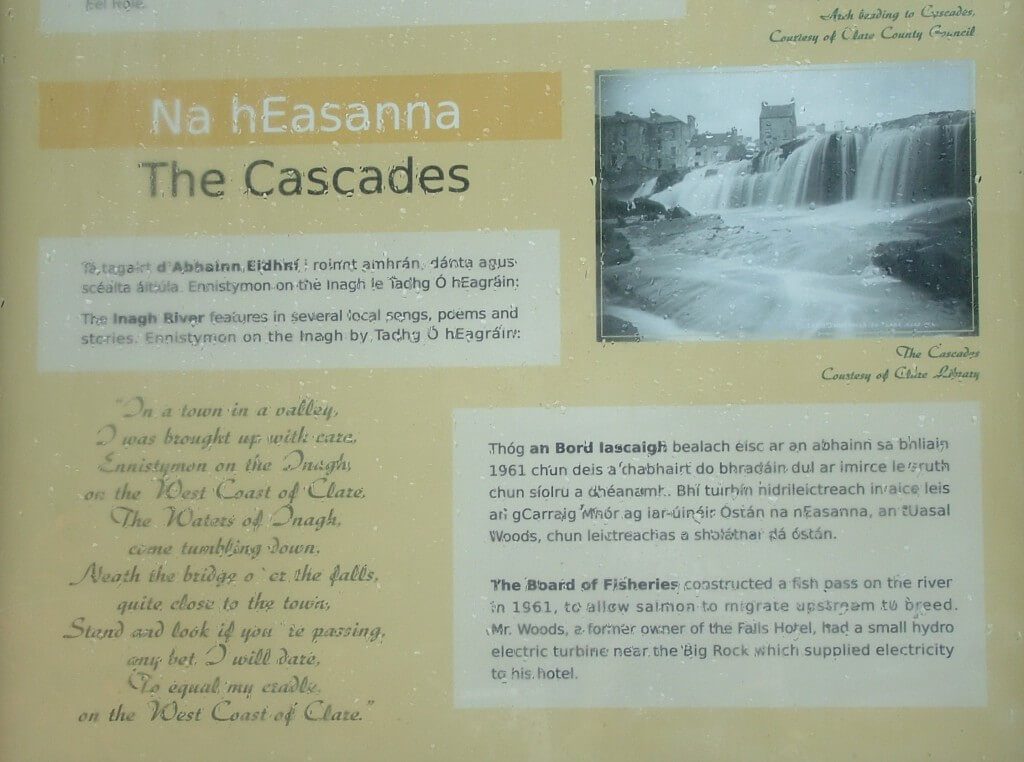 The Cascades waterfalls sign in Ennistymon, County Clare, Ireland