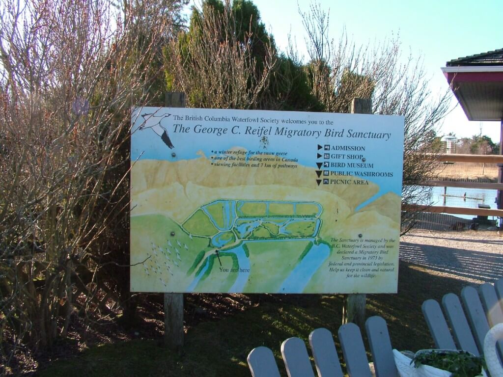 Entrance sign and map at Reifel Migratory Bird Sanctuary in Delta, BC, Canada