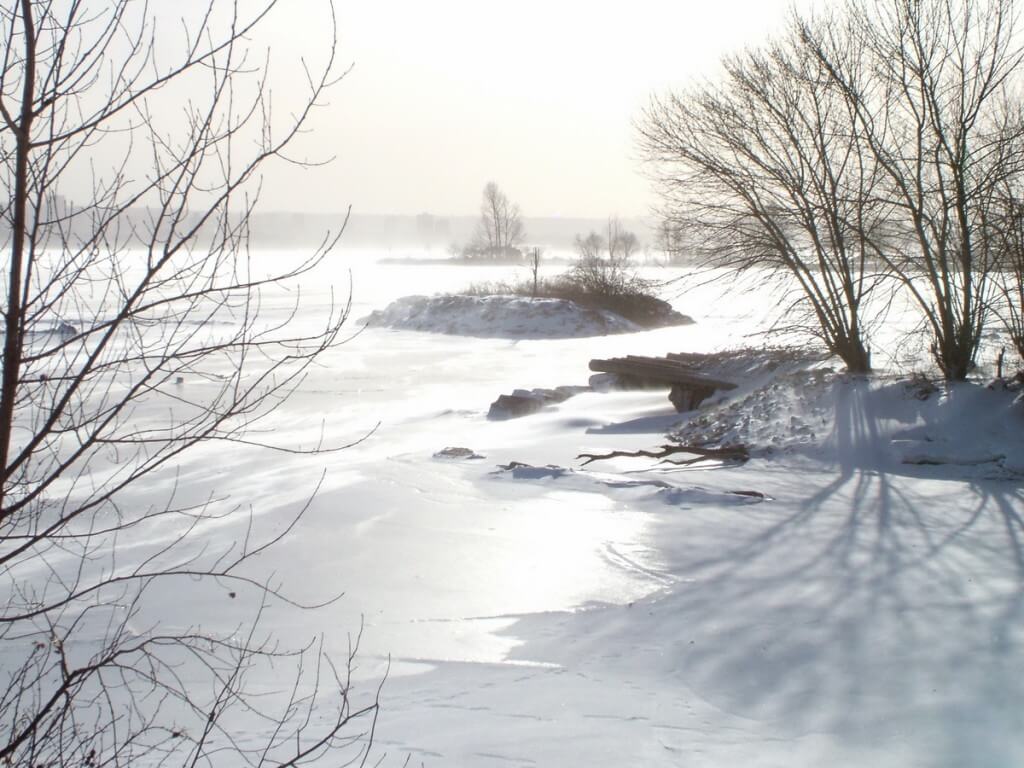 Wind swept shoreline in the winter at La Salle Park, in Burlington, Ontario
