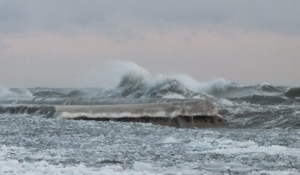 Waves breaking on Lake Ontario at Sunnyside in Toronto, Ontario, Canada