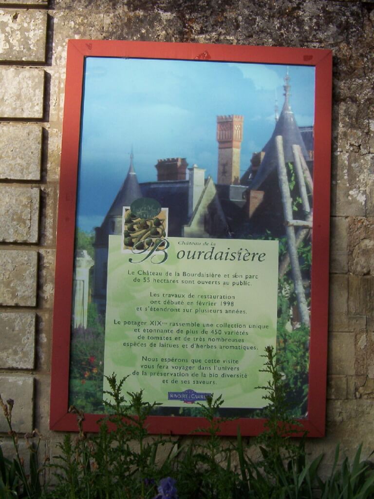 An image of the main entrance sign at Chateau de la Bourdaisiere in the Loire Valley in France.