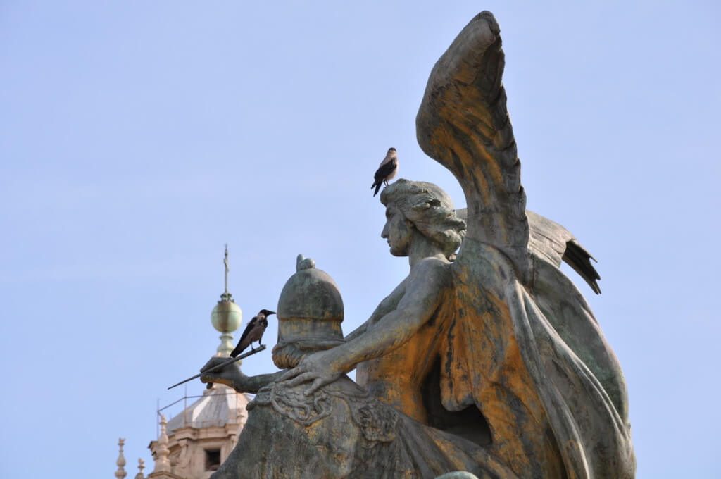 Two hooded crows sitting on a statue at Complesso del Vittoriane in Rome, Italy