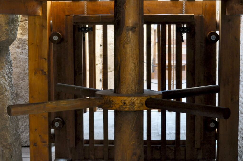 Restored elevator pulley system in the basement of the Roman Colosseum, Rome, Italy