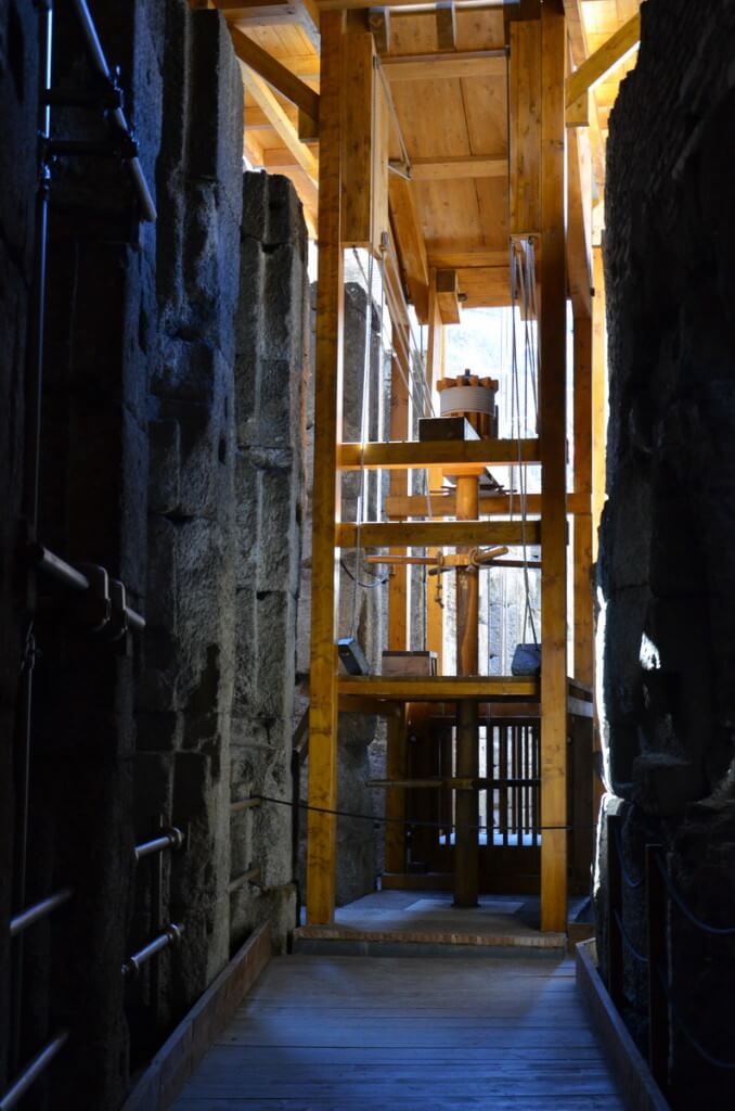 Restored wooden elevator in the basement of the Roman Colosseum, Rome, Italy