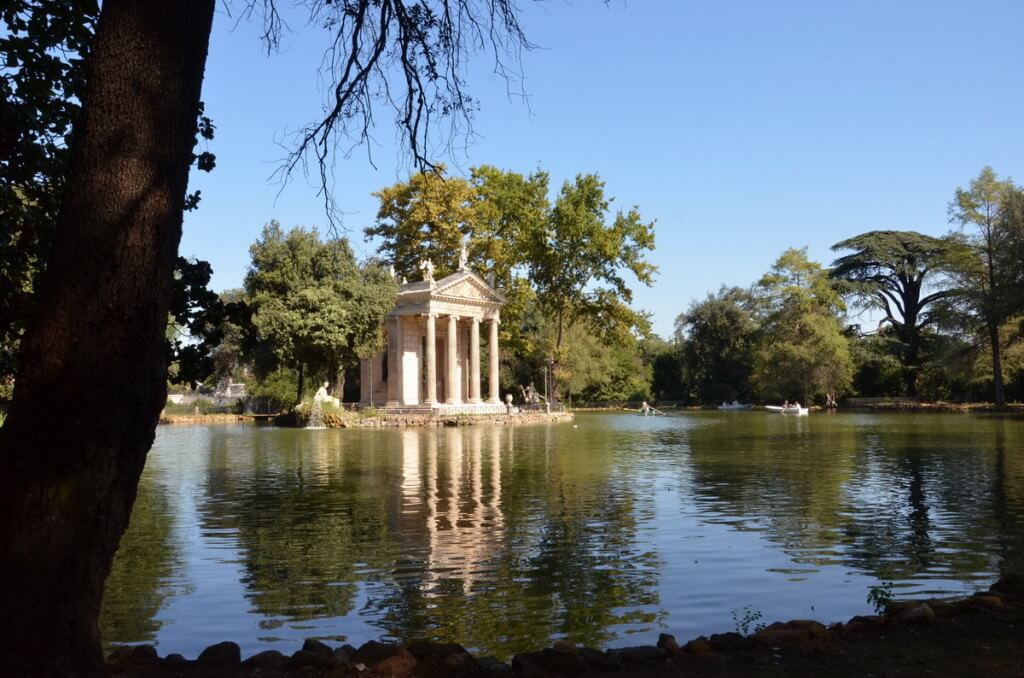Lake and temple in Villa Borghese Park, Rome, Italy