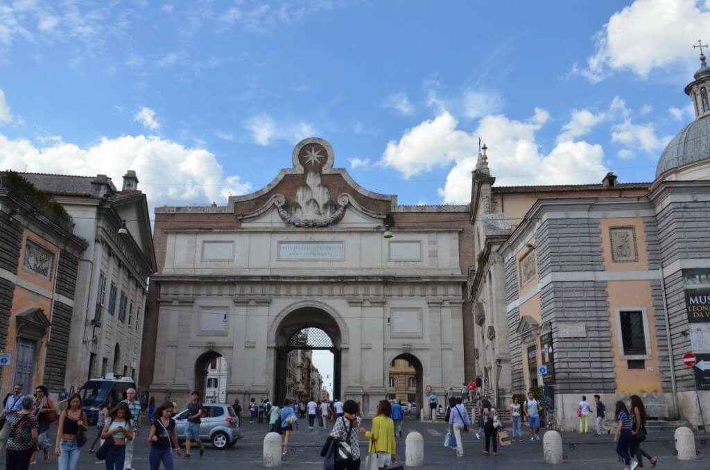 Porta del Popolo gate to Piazza del Popola square in Rome, Italy