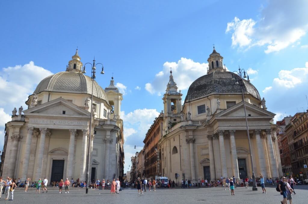 Santa Maria in Monsanto and Santa maria dei miracoli churches in piazza del popola, square, Rome, Italy