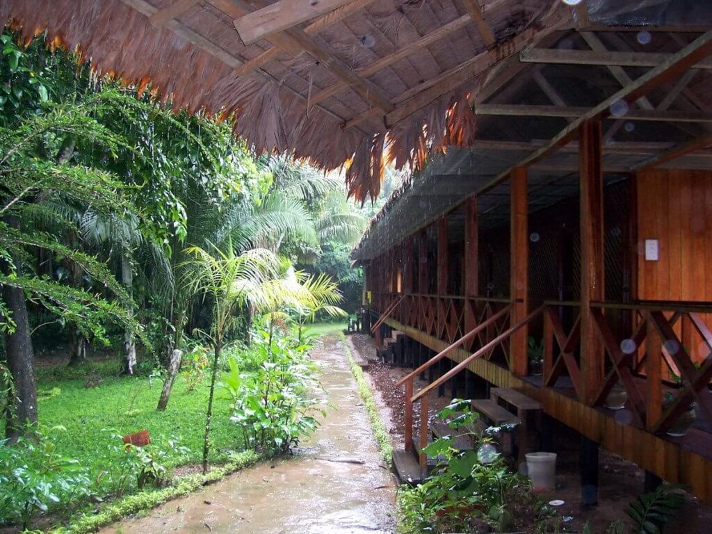 Heavy rains falling at Sandoval Lake Lodge, Lake Sandoval, Amazon Delta, Peru