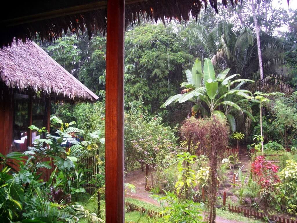 Heavy rains falling at Sandoval Lake Lodge, Lake Sandoval, Amazon Delta, Peru