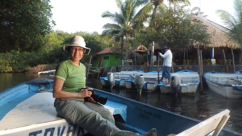  Photo of Jean aboard a boat passing Embarcadero la aguado or the Watery Landing in the mangrove swamp near San Blas, Mexico