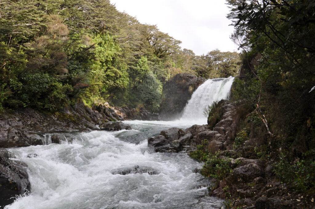 An image of the water flowing below Tawhai Falls in Tongariro National Park in New Zealand. Photography by Frame To Frame - Bob and Jean.