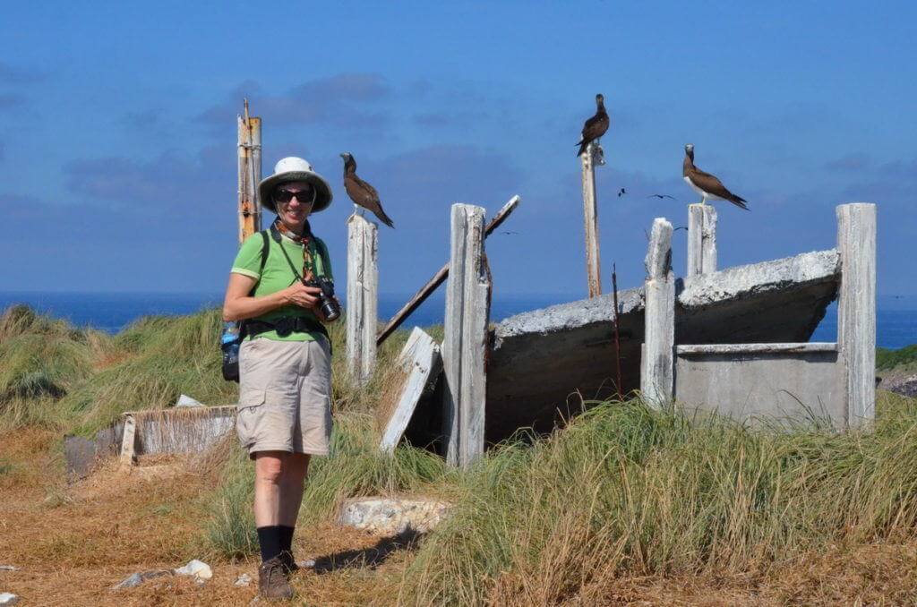 An image of Jean standing in front of a group of Brown booby birds on Isla Isabel in Mexico. Photography by Frame To Frame - Bob and Jean.