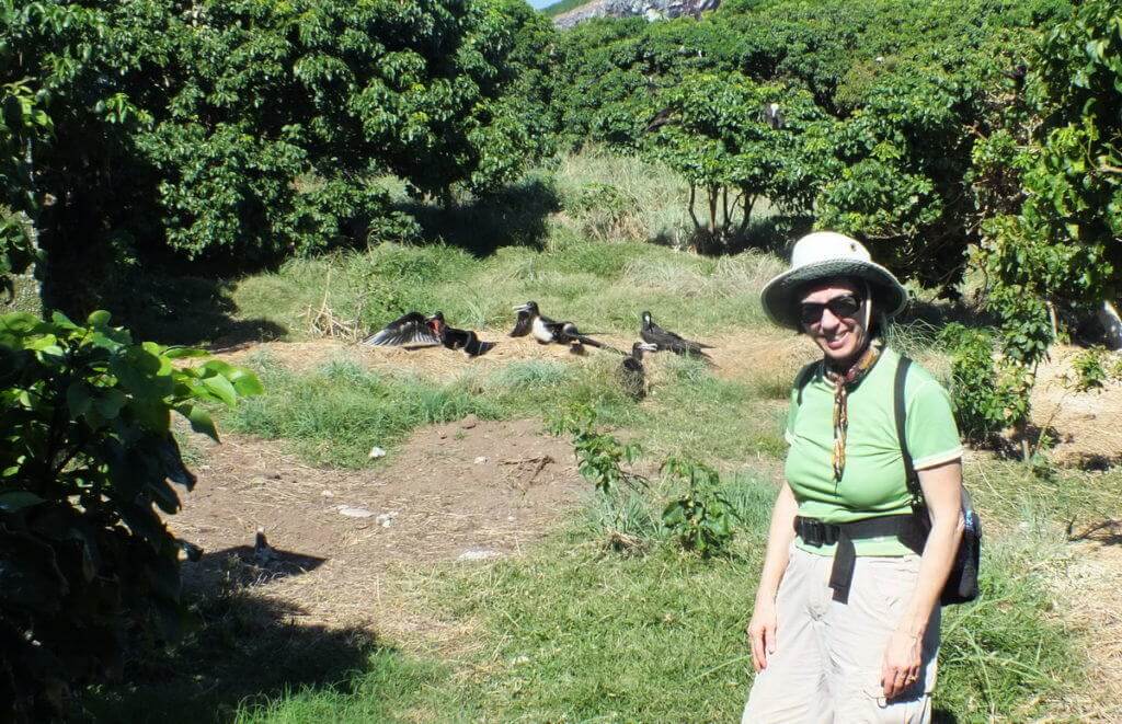 An image of Jean standing in front of a group of Magnificent Frigatebirds on Isla Isabel off San Blas, Mexico. Photography by Frame To Frame - Bob and Jean.